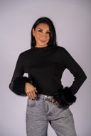 Removable Faux Fur Cuff Sweater - Black