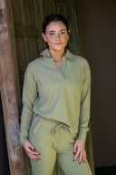 Brushed Rib Johnny Collar Top - Faded Moss