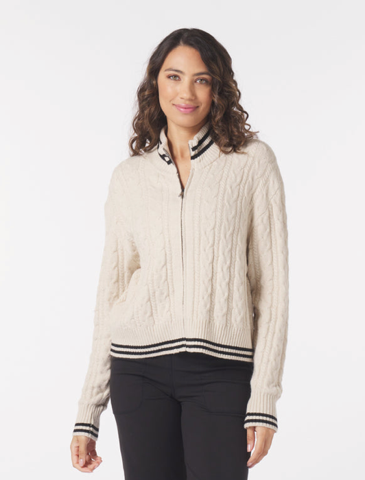 Leisure Cable Knit Zip-Up - Oatmilk / Black