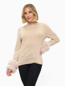 Removable Faux Fur Cuff Sweater - Oatmeal