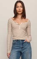 Andie Striped Henley Top - Light Oatmeal Heather