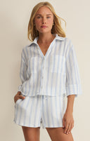 Helena Stripped Airy Gauze Button Up- Sea Salt